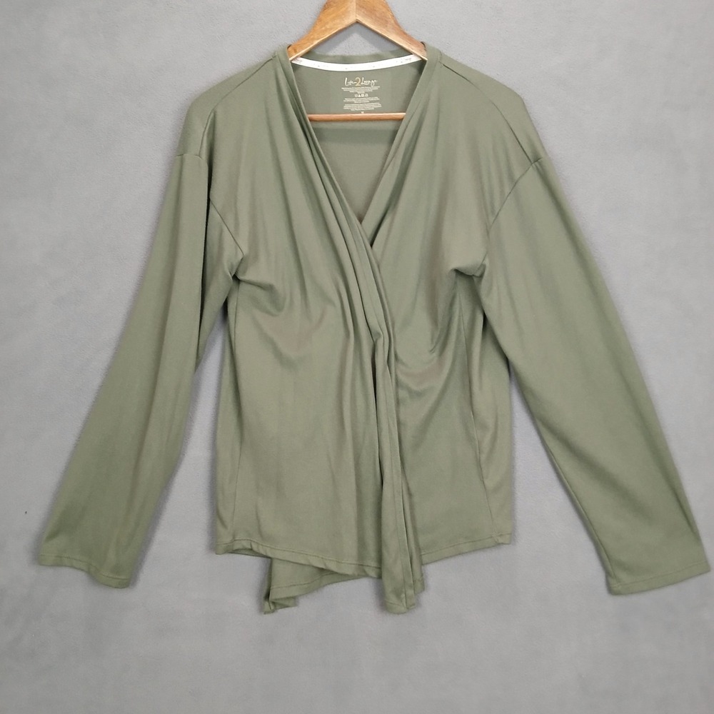 Live 2 Lounge Wrap Top Women XL Green Stretch Knit Open Front Cardigan Sleepwear